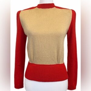 Vintage St. John Santana Knit Colorblock Sweater Red Tan Small 80s {SALE}